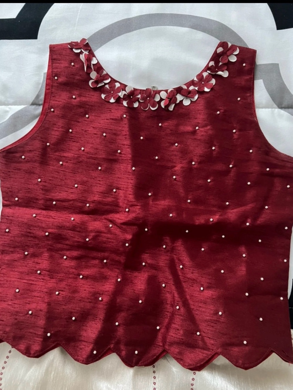 Girls' Pearl-Embellished Burgundy Formal Dress Top